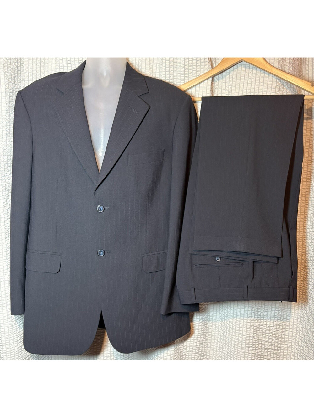 40R 2pc Suit Jacket Coat Pants Slacks 34/32x30 Stafford Navy Blue Men Pinstriped